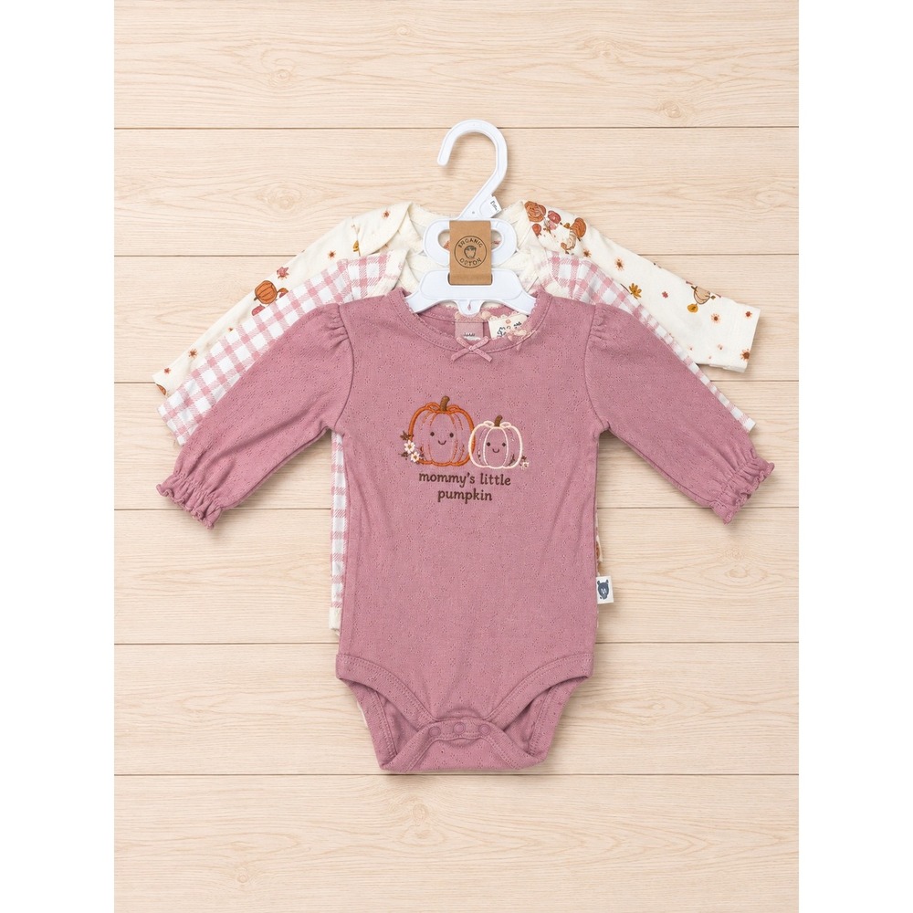 Rabbit + Bear Baby Girl 3 Pack Bodysuits 0-3M Organic Cotton Pumpkin Fall NWT